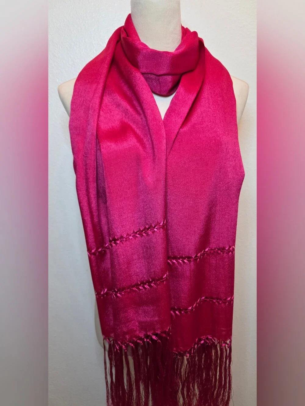 Women's Rebozo Fuschia Shawl  Handmade Mexican Wrap  Scarf  (faux silk)